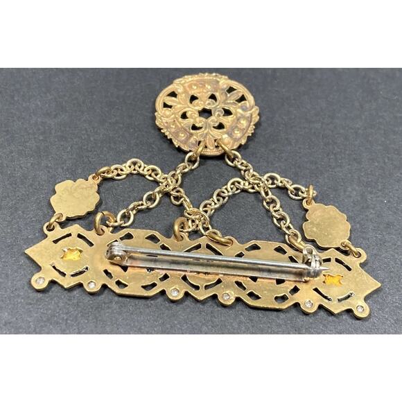 Vintage Victorian Revival Brass Tone Dangle Chain Brooch Rhinestones Festoon - Picture 9 of 11